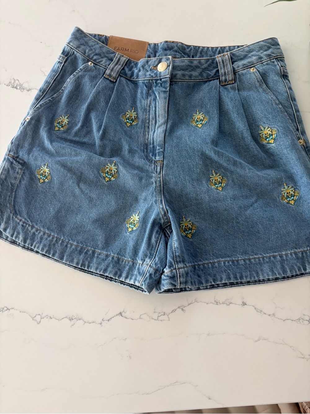 Farm Rio Embroidered Palm Tree Blue Denim Shorts - Women's - Picture 3 of 7